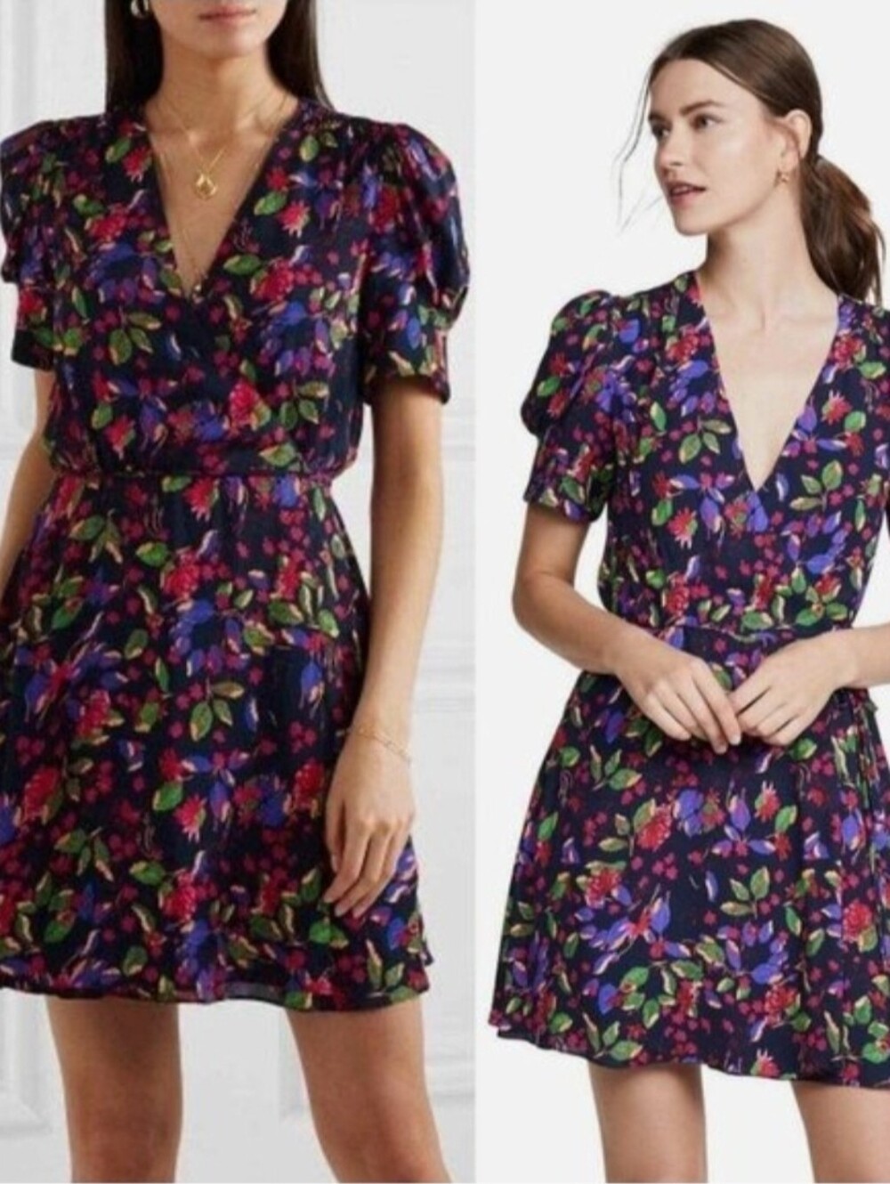 Saloni Lea Blue Multi-Color Floral V-Neck Puff Sleeve Wrap Mini Dress Size 0